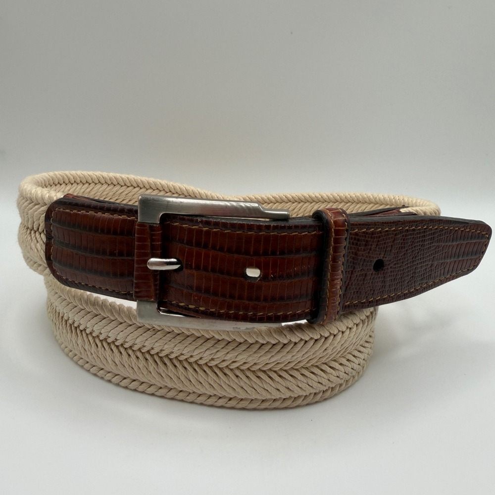 Trafalgar Mens Woven Cotton Rope Belt Lizard Embossed Leather Trim 38 Brown USA